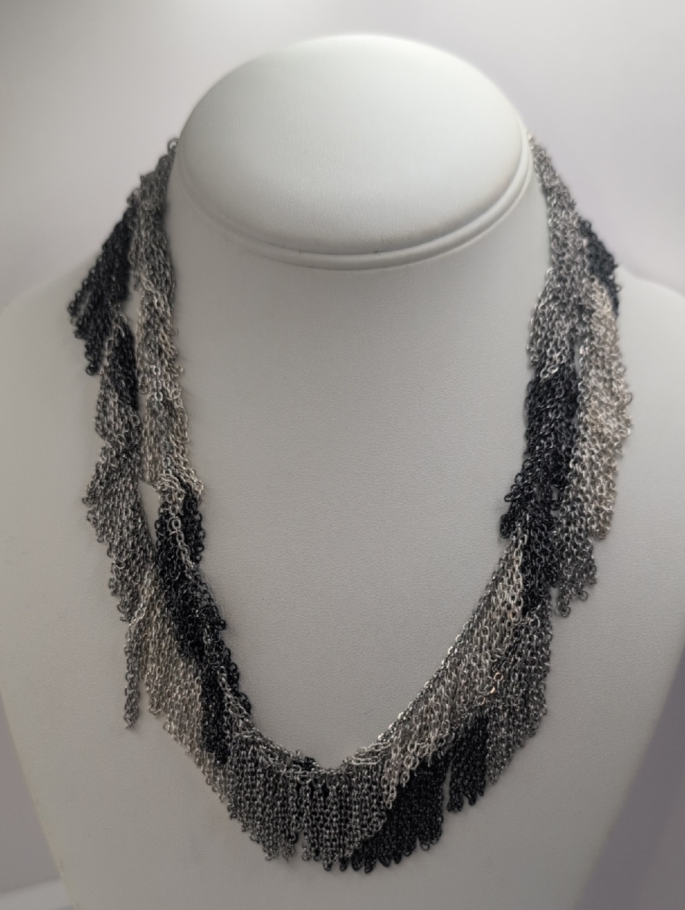 Multi-Strand Black and Silver Chain Fringe Necklace